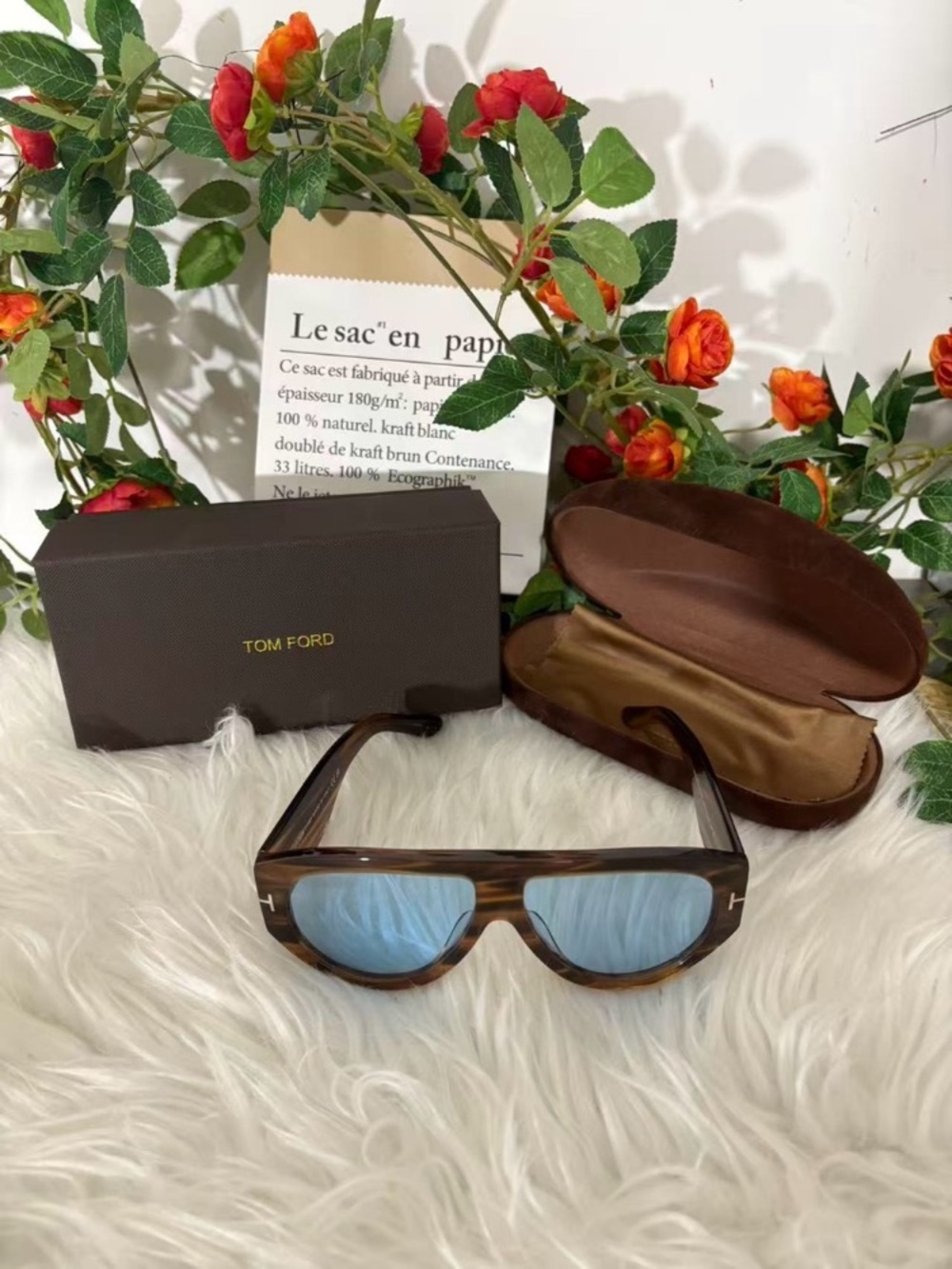 Tom Ford Brown Tortoiseshell Sunglasses with Blue Lenses